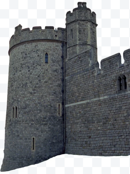 Torre y muro de castillo medieval de piedra con ventanas estrechas y almenas