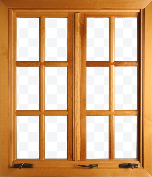 Ventana de madera clara con doble hoja y paneles de vidrio con manijas
