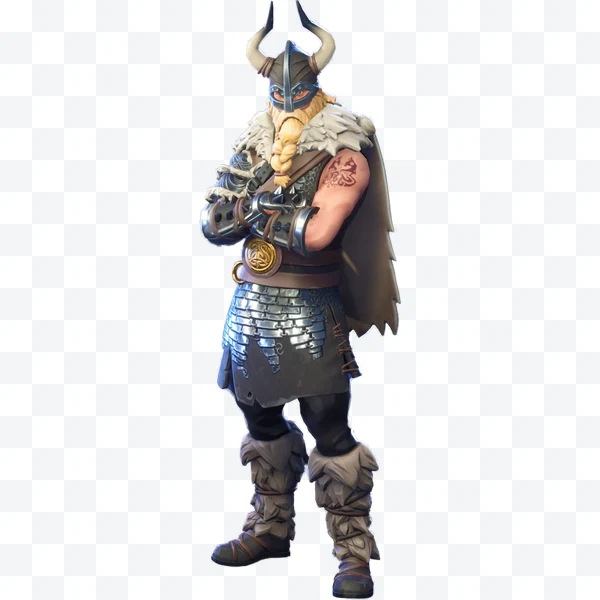 Vikingo de Fortnite con casco con cuernos, brazo tatuado, armadura metálica y