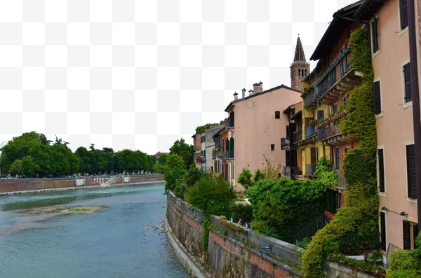 Vista de casas junto a un río en Verona, Italia