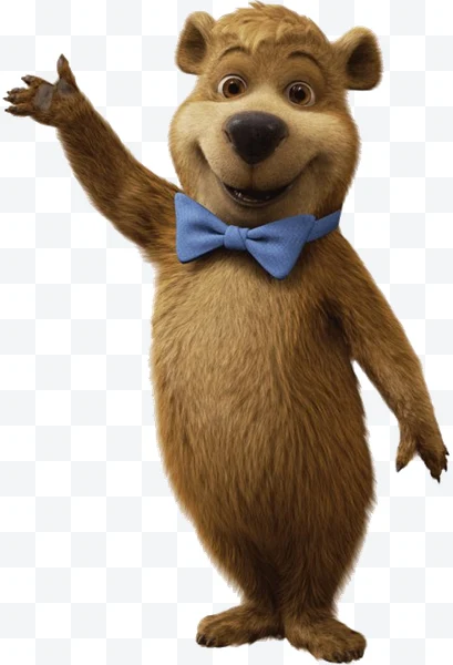 Yogi Bear animado con pajarita azul saludando con la mano derecha levantada